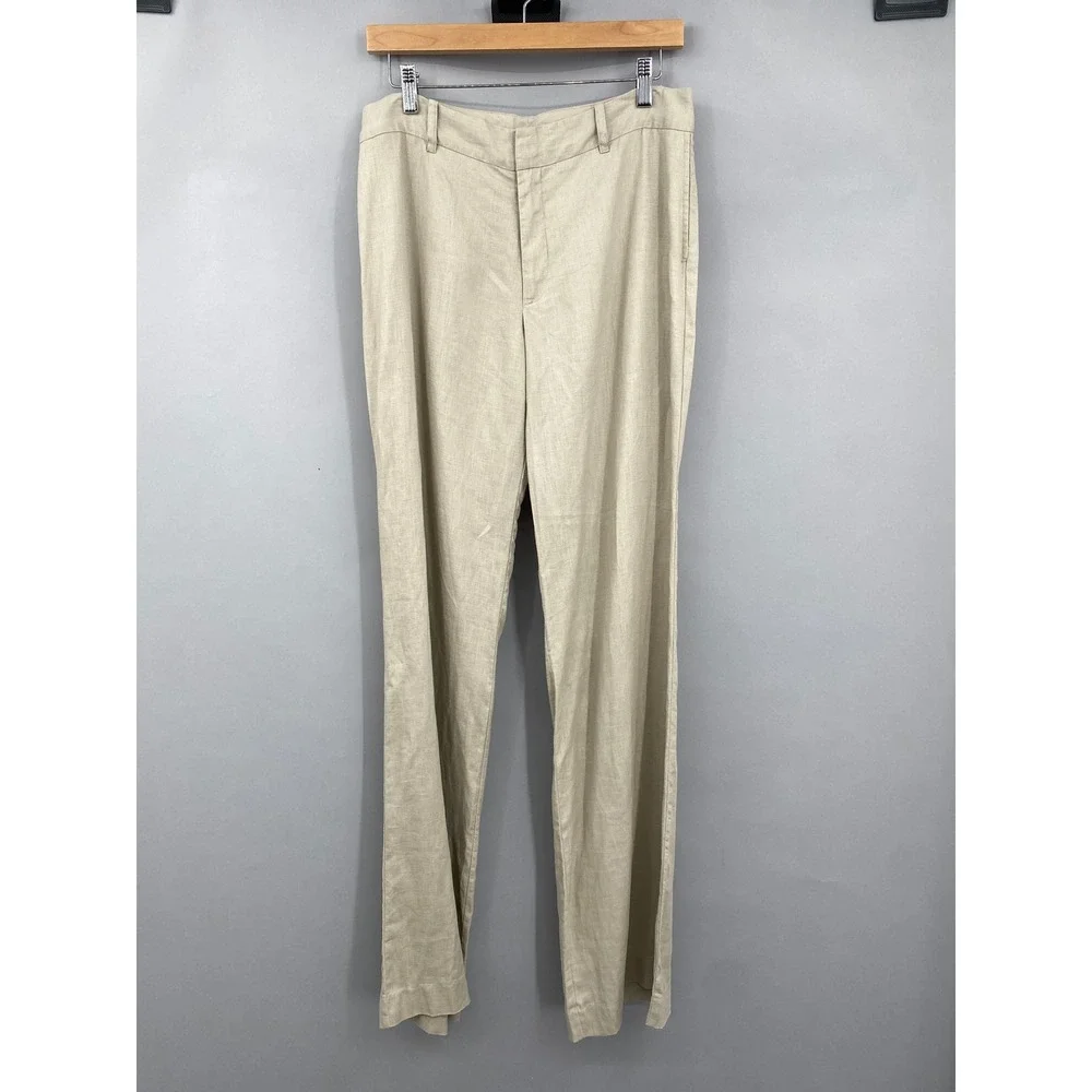 Zara Woman 100% Linen Wide Leg Trousers Pants Tan Beige Size 8 Minimalist Boho